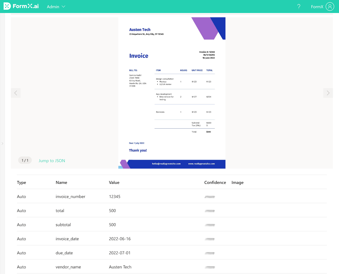 FormX.ai dashboard showing an invoice document with automatically extracted fields including invoice number, total, and vendor name