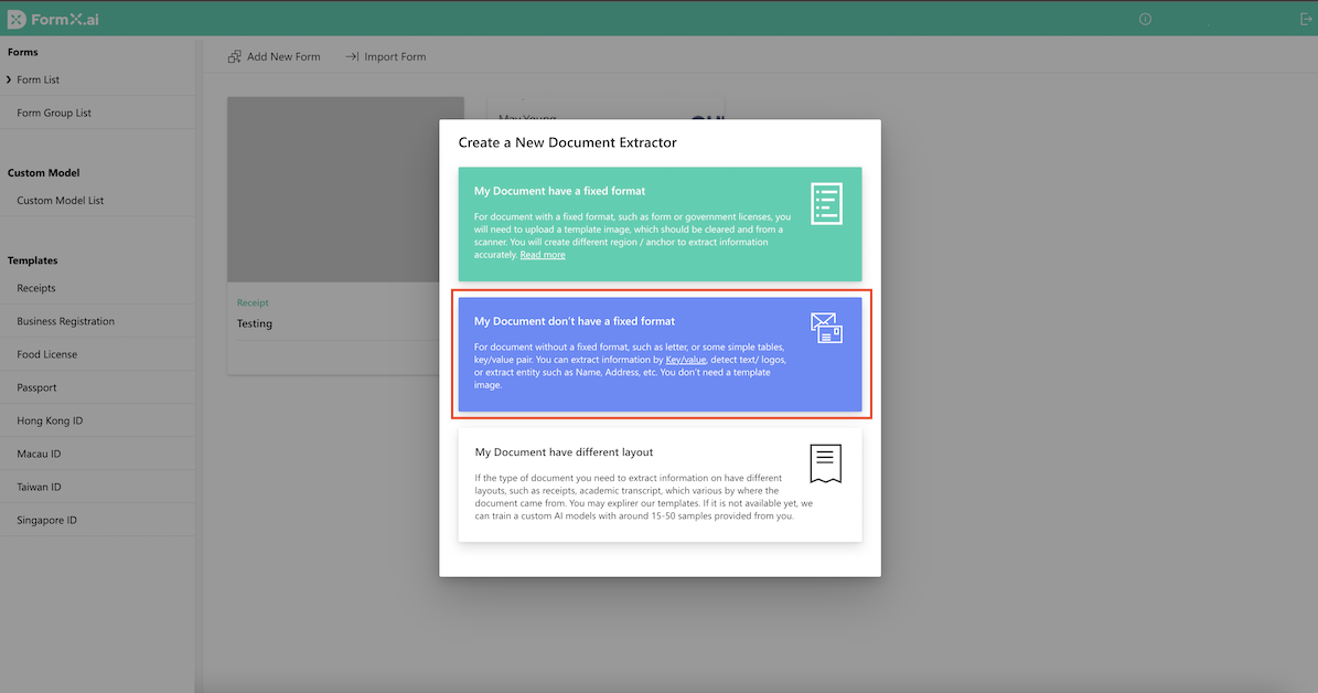 FormX.ai portal dialog for creating a new document extractor with three document format options