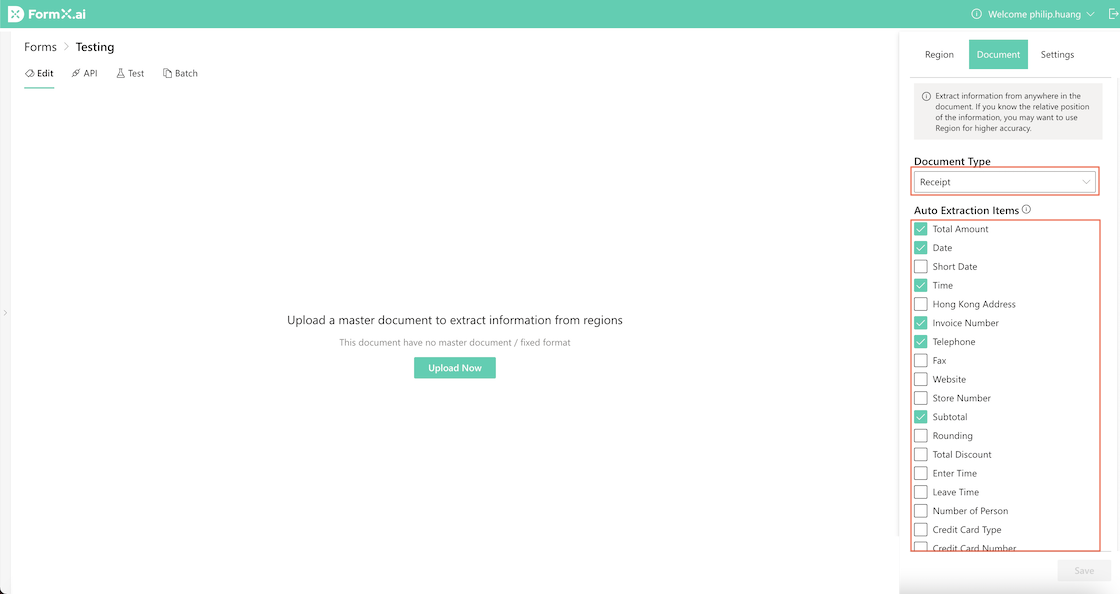 FormX.ai receipt extractor settings panel showing Receipt document type and auto extraction items checklist