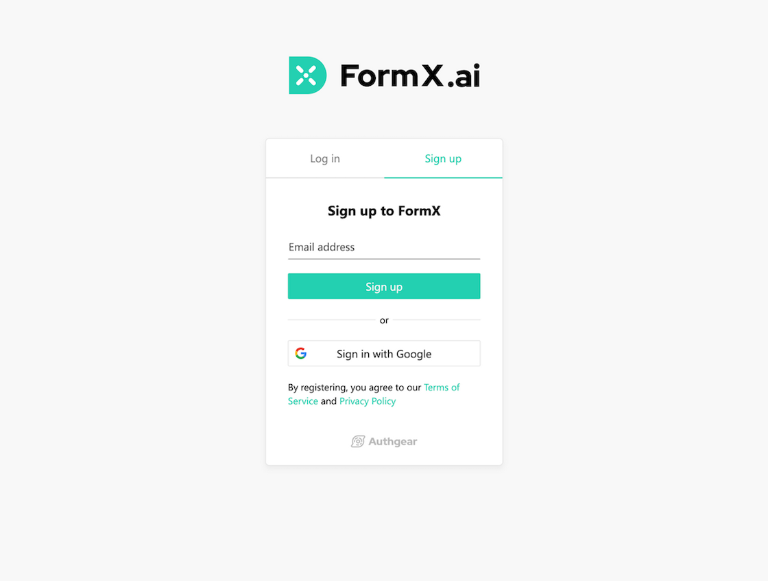 FormX.ai sign up page with email field and Google sign-in option