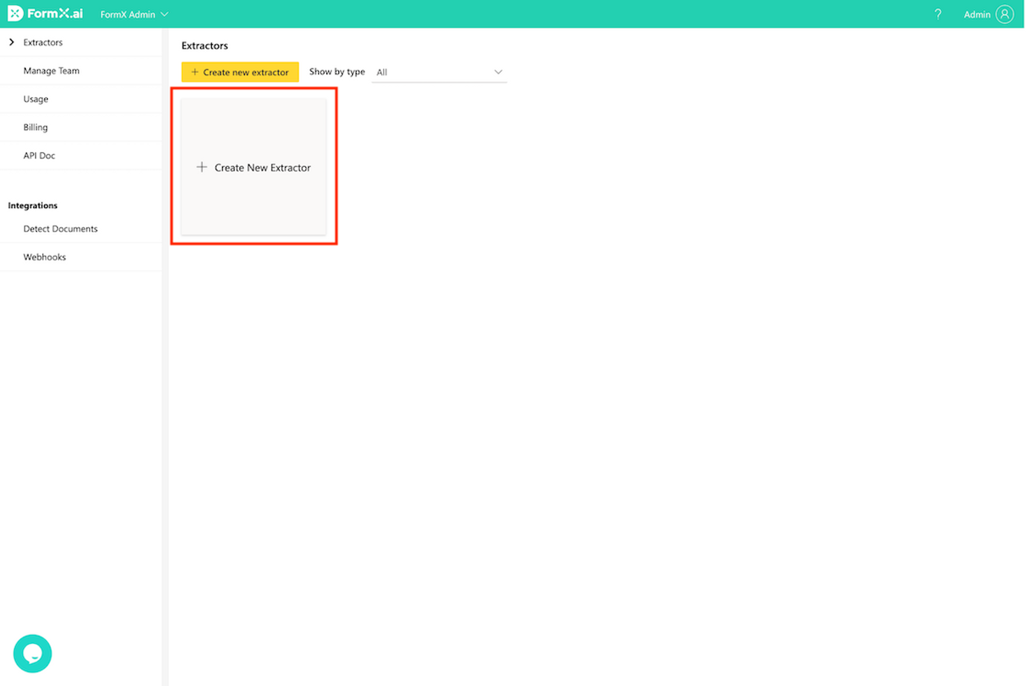FormX.ai dashboard Extractors page with a Create New Extractor card highlighted in red