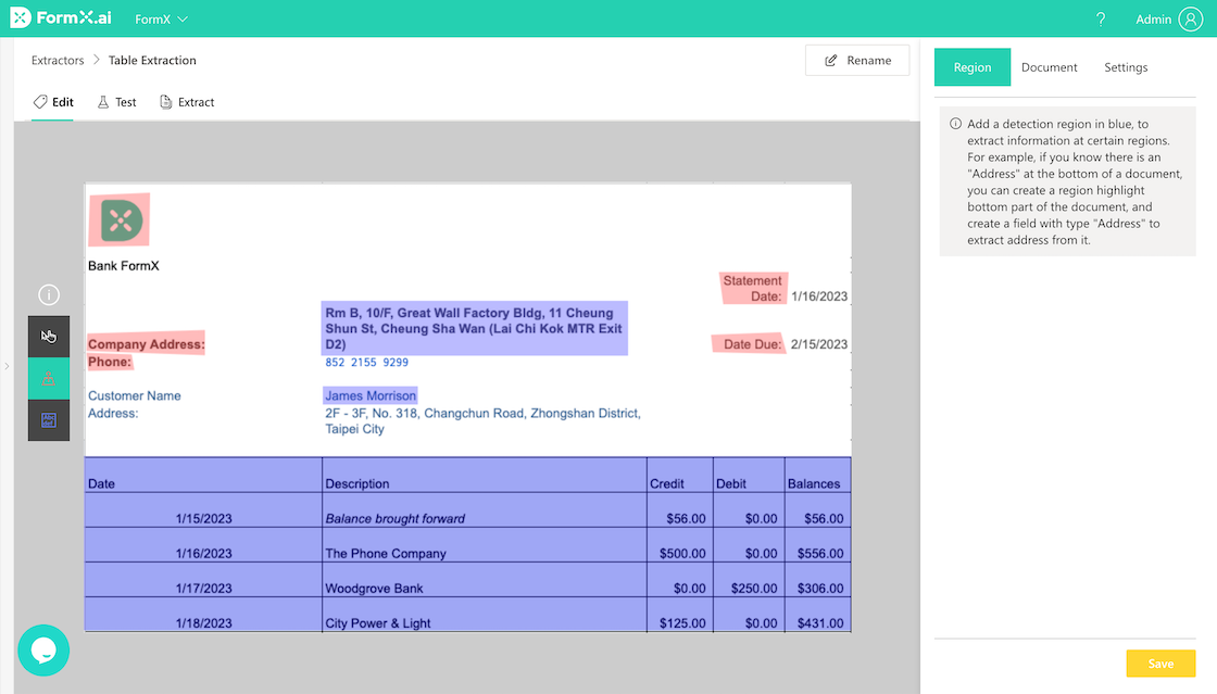 FormX.ai extractor editor showing a bank statement with anchor and detection regions highlighted in blue and pink