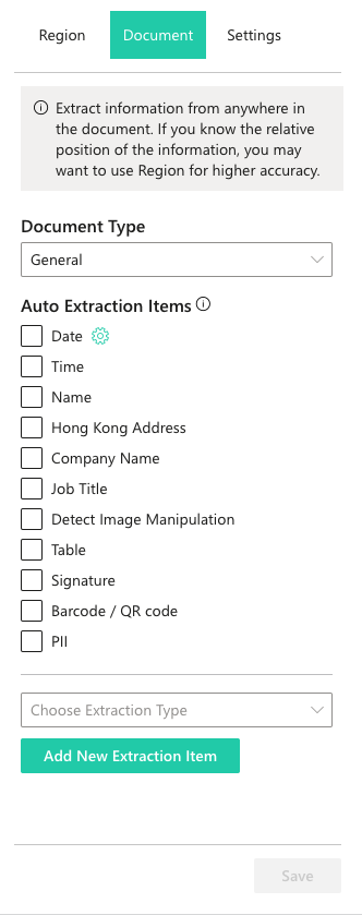 FormX.ai Document tab listing auto extraction item types including Date, Name, Table, Signature, and Barcode