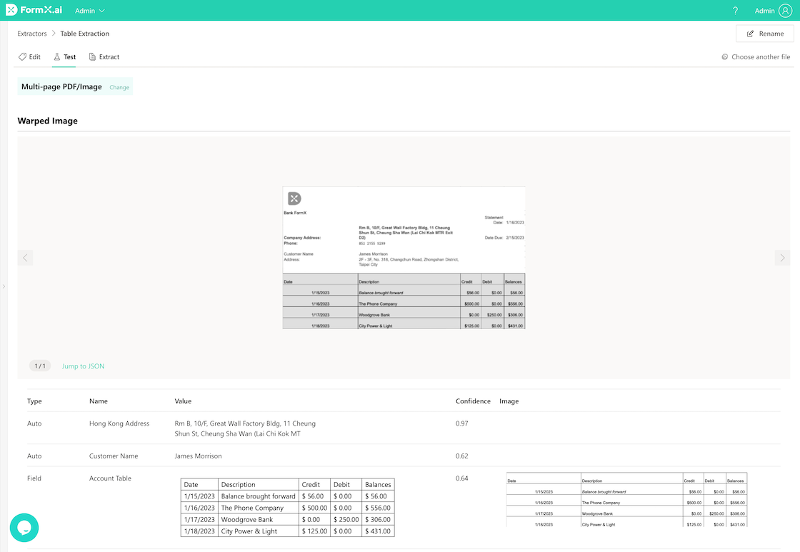 FormX.ai Test tab showing a bank statement with extracted fields including address, customer name, and transaction table with confidence scores