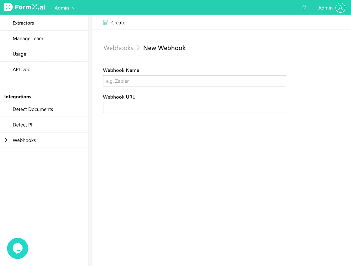 FormX.ai New Webhook creation form with Webhook Name and Webhook URL input fields