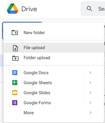 Google Drive new file menu with File upload option highlighted