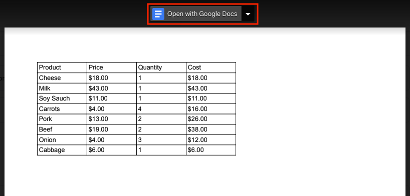PDF table open in Google Drive with the Open with Google Docs button highlighted in red