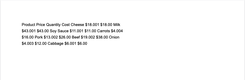 Google Docs showing PDF table content converted to unstructured plain text after OCR processing