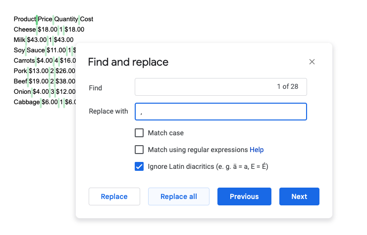Google Docs Find and Replace dialog replacing spaces with commas to convert table data to CSV format