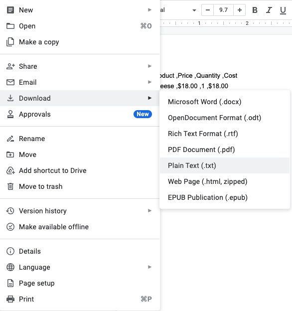 Google Docs File Download menu with Plain Text (.txt) option highlighted for saving as a text file