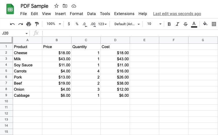 Google Sheets spreadsheet showing the successfully converted PDF product price table with data organized in columns
