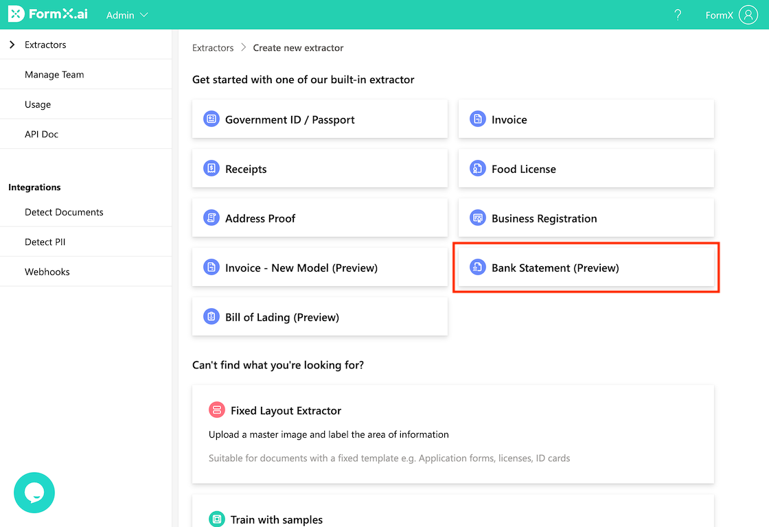 FormX.ai create new extractor page showing Bank Statement option highlighted in red