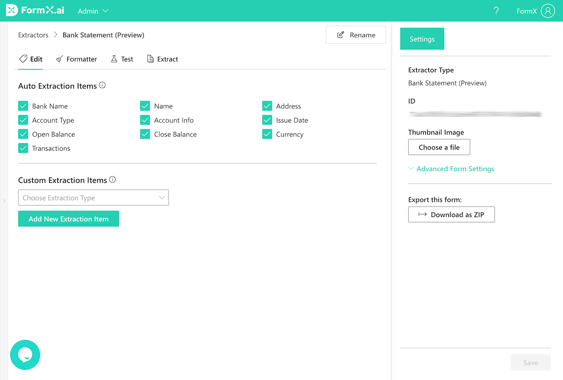 FormX.ai bank statement extractor showing auto extraction items including bank name, balance, and transactions