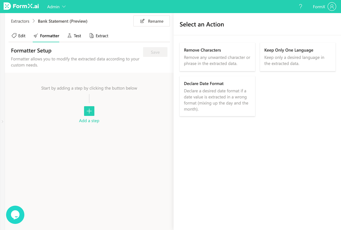 FormX.ai Formatter Setup panel with options to remove characters, keep one language, or declare date format