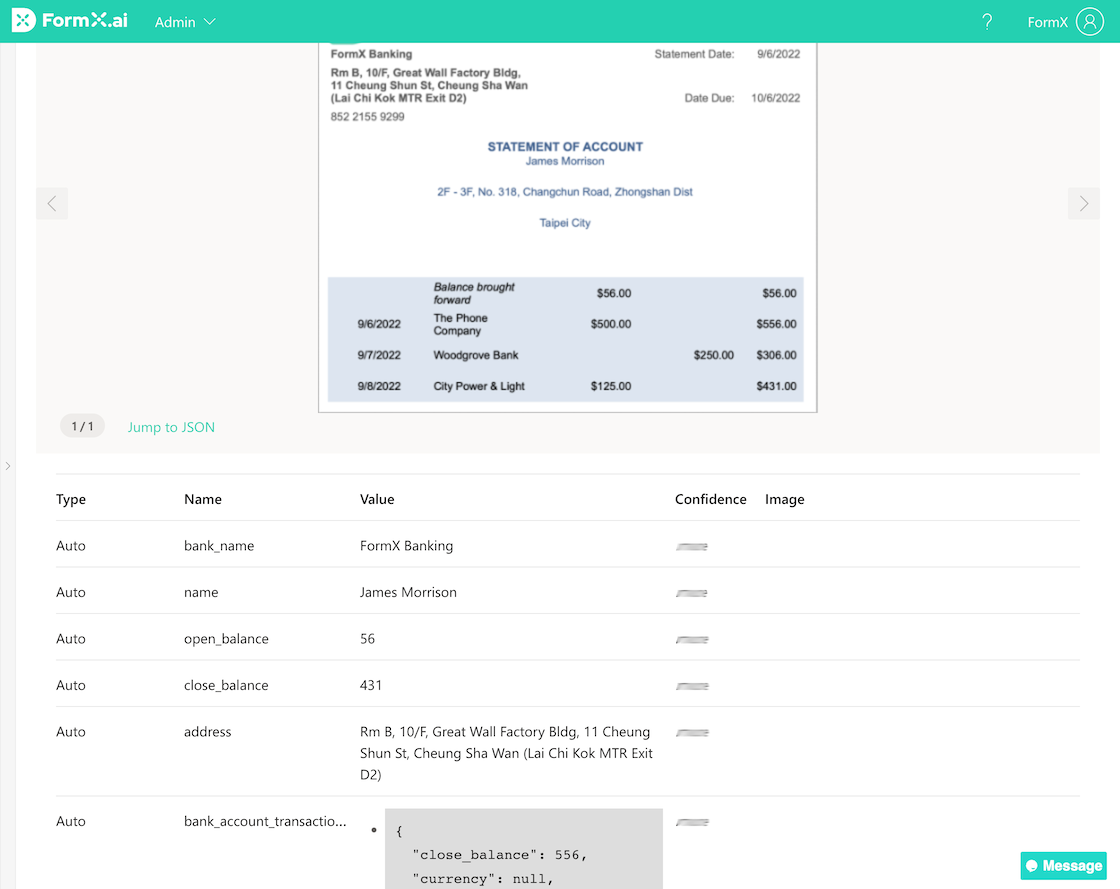 FormX.ai test tab showing bank statement preview alongside extracted fields like bank name, balance, and transactions