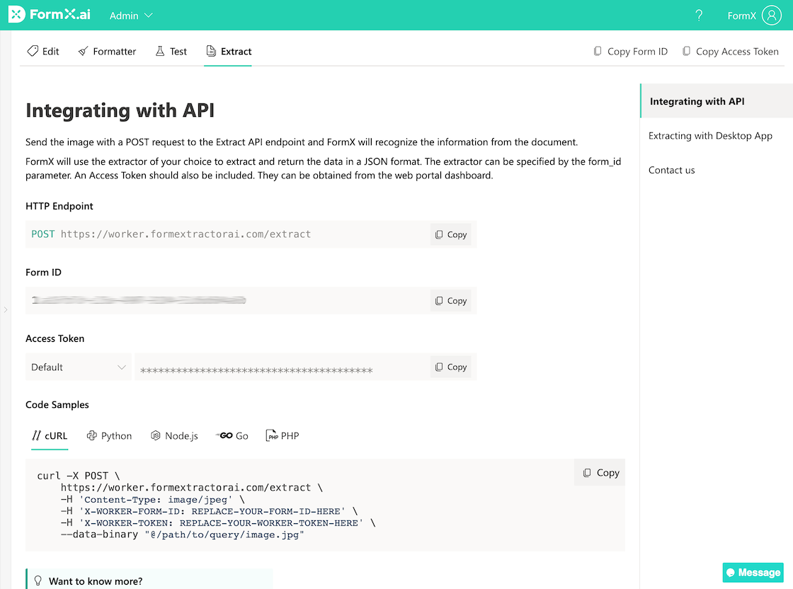 FormX.ai API integration page showing HTTP endpoint, Form ID, Access Token, and cURL code sample