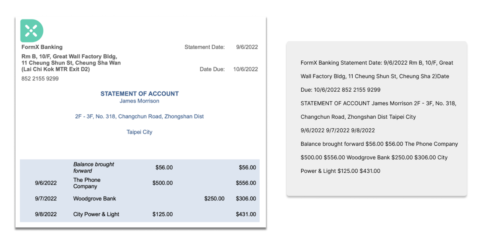 Sample bank statement on the left with raw OCR text output displayed on the right