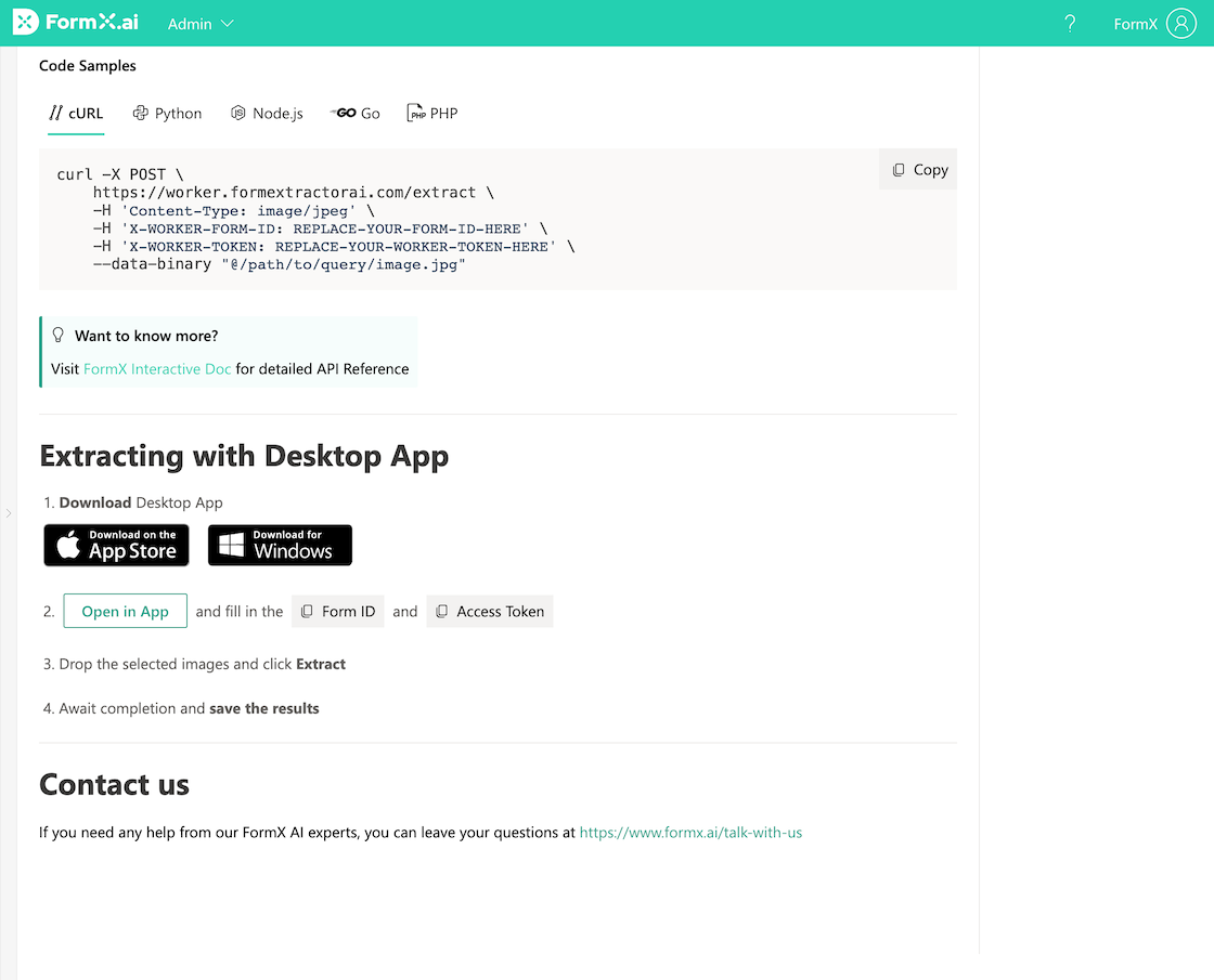 FormX.ai Extract tab showing desktop app download links for App Store and Windows with step-by-step instructions