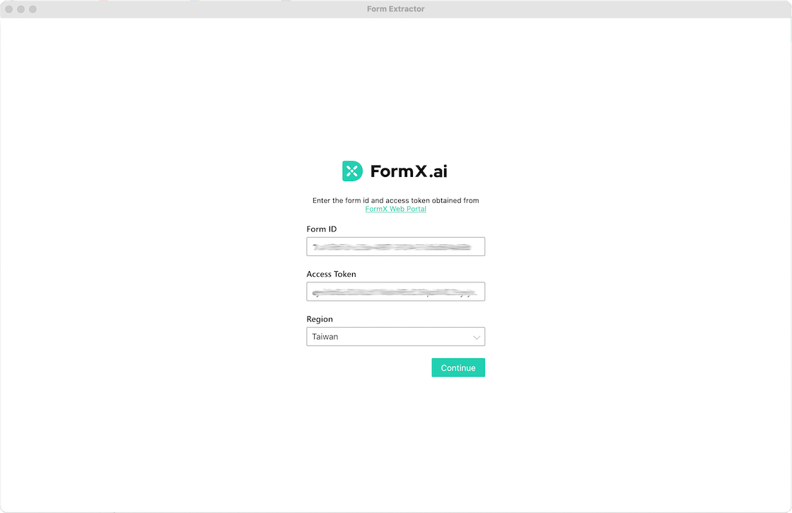 FormX.ai desktop app login screen with Form ID, Access Token, and Region fields