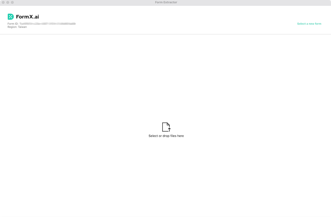 FormX desktop app file upload screen with drag and drop area for batch document processing