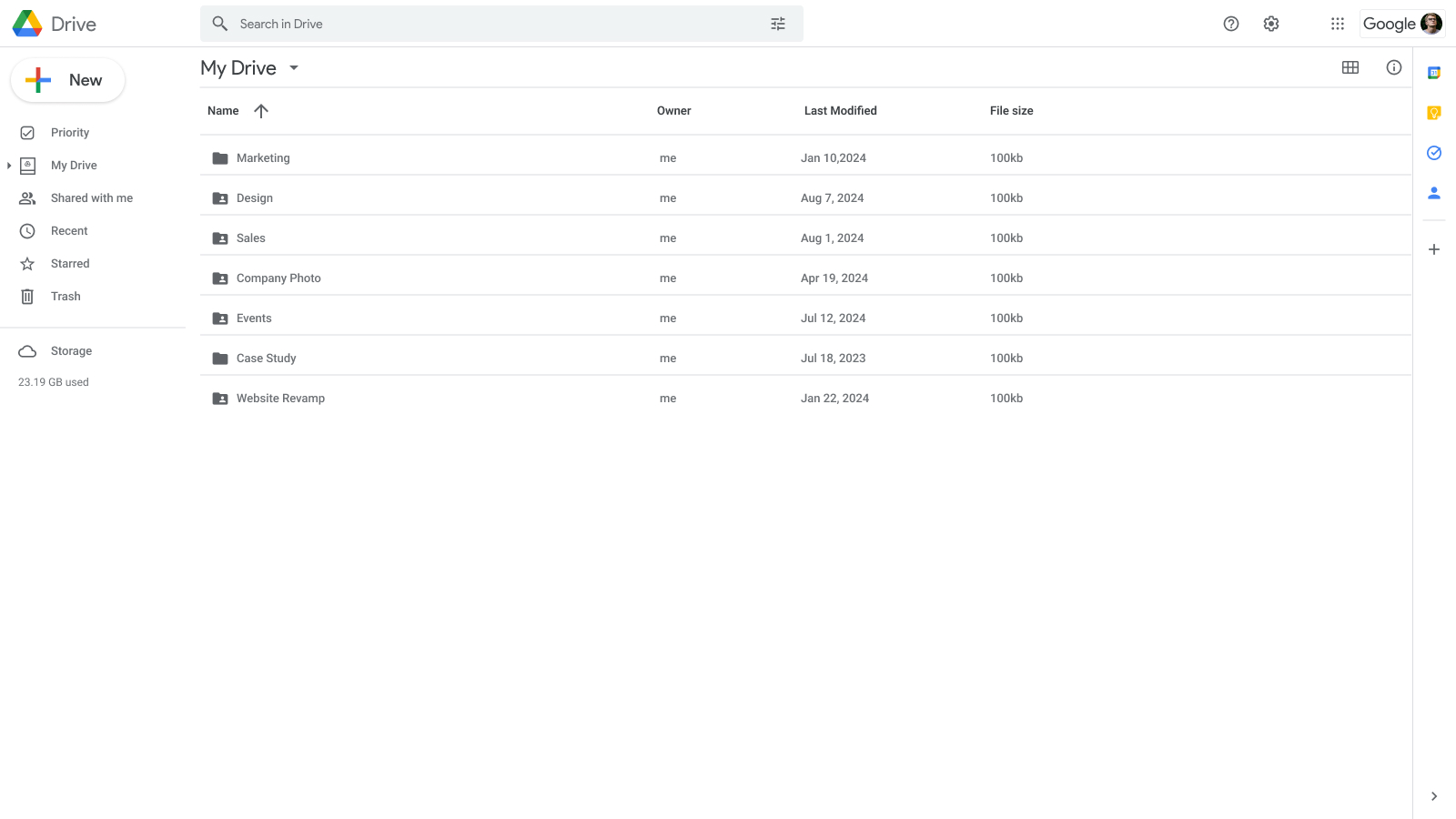 Google Drive My Drive file list showing folders for Marketing, Design, Sales, and other projects