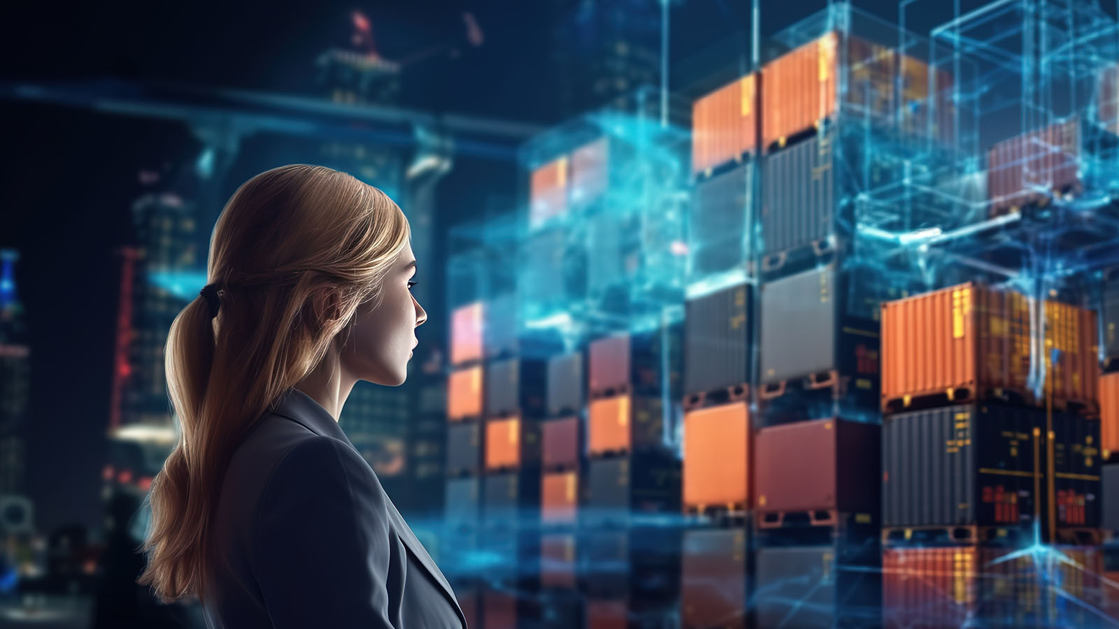 Businesswoman viewing holographic shipping containers with digital network overlay