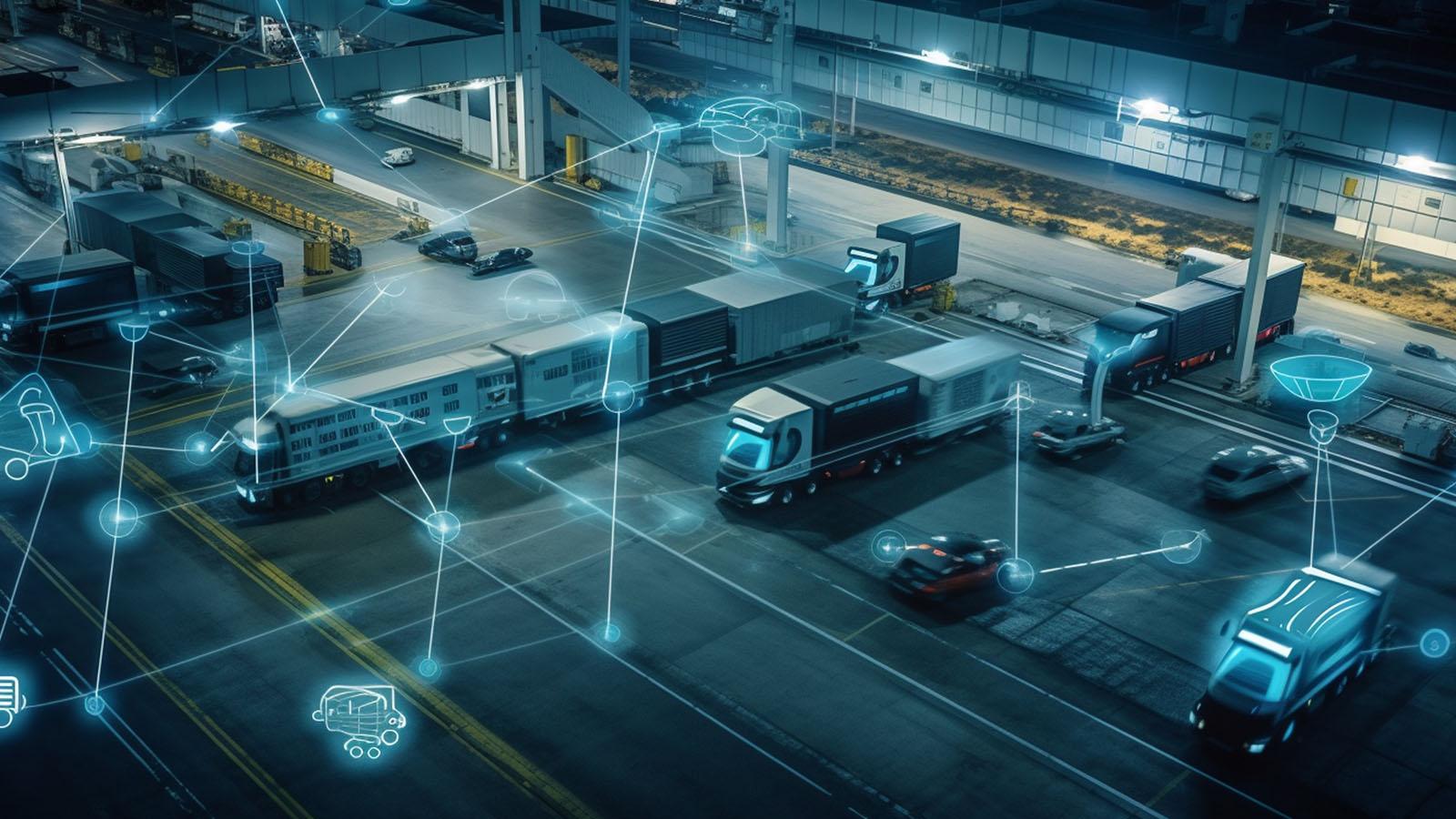 Aerial view of logistics hub with trucks and connected IoT data network icons
